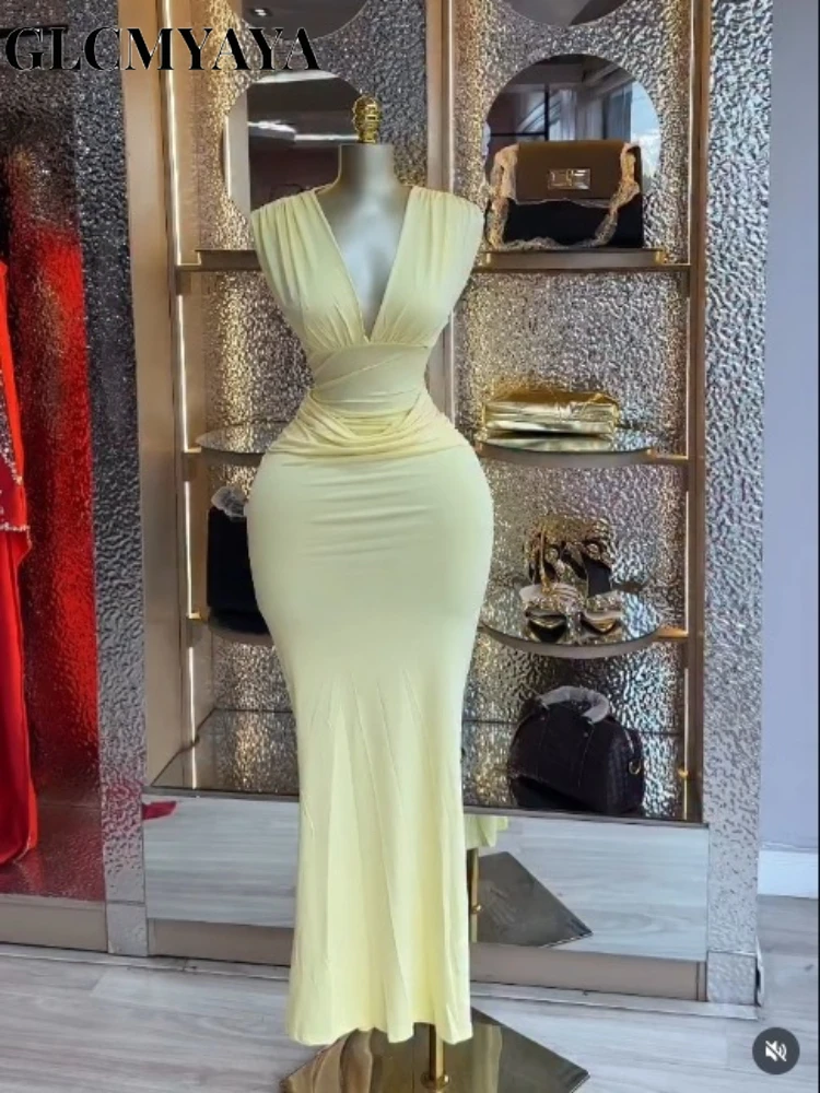 CM.YAYA Women's Deep V-neck Stacked Ruched Waist Bodycon Midi Maxi Formal Dress 2026 Education Party Cocktail Night Out Dresses