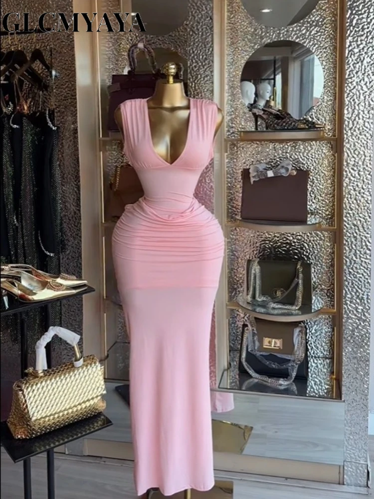 CM.YAYA Women's Deep V-neck Stacked Ruched Waist Bodycon Midi Maxi Formal Dress 2026 Education Party Cocktail Night Out Dresses