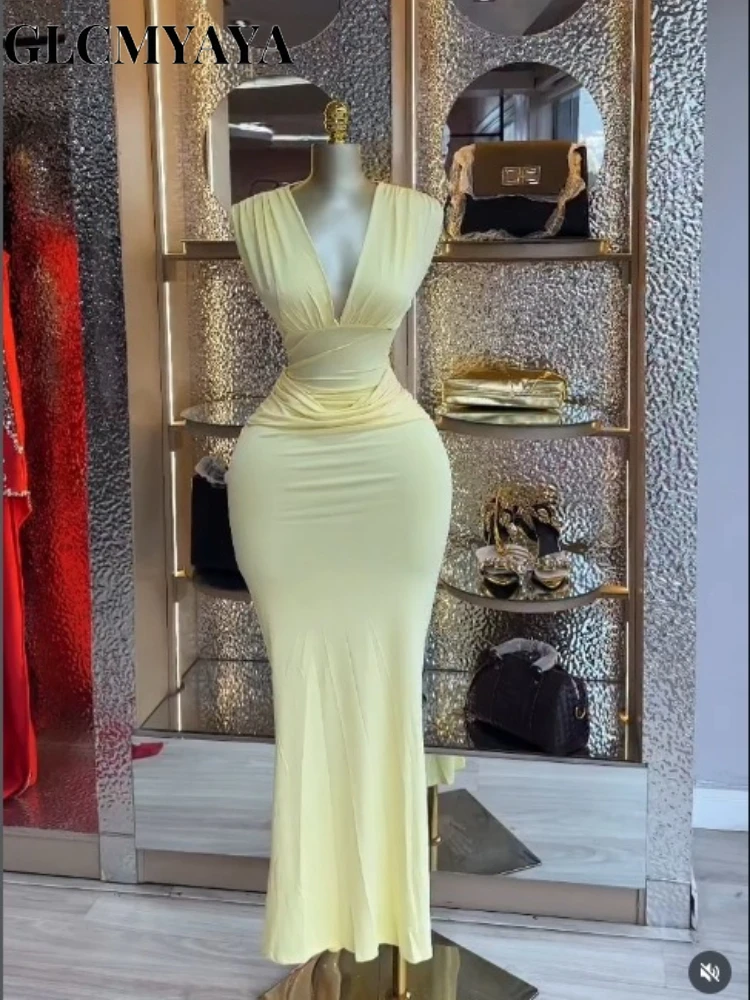 CM.YAYA Women's Deep V-neck Stacked Ruched Waist Bodycon Midi Maxi Formal Dress 2026 Education Party Cocktail Night Out Dresses