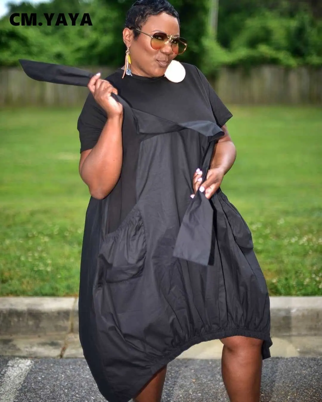 CM.YAYA Women Fashion Loose Pocket Front Patchwork O-neck Short Sleeve Irregular Black Dress Vestidos 2023 Summer