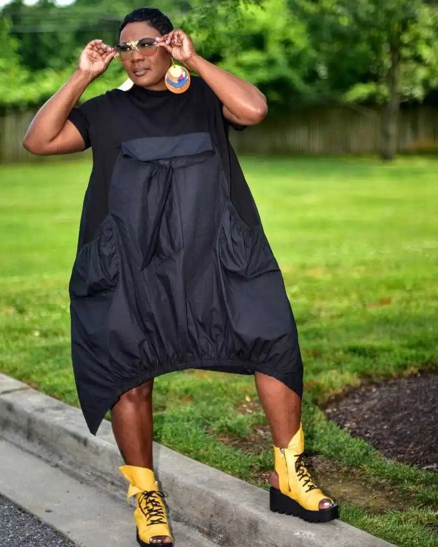 CM.YAYA Women Fashion Loose Pocket Front Patchwork O-neck Short Sleeve Irregular Black Dress Vestidos 2023 Summer