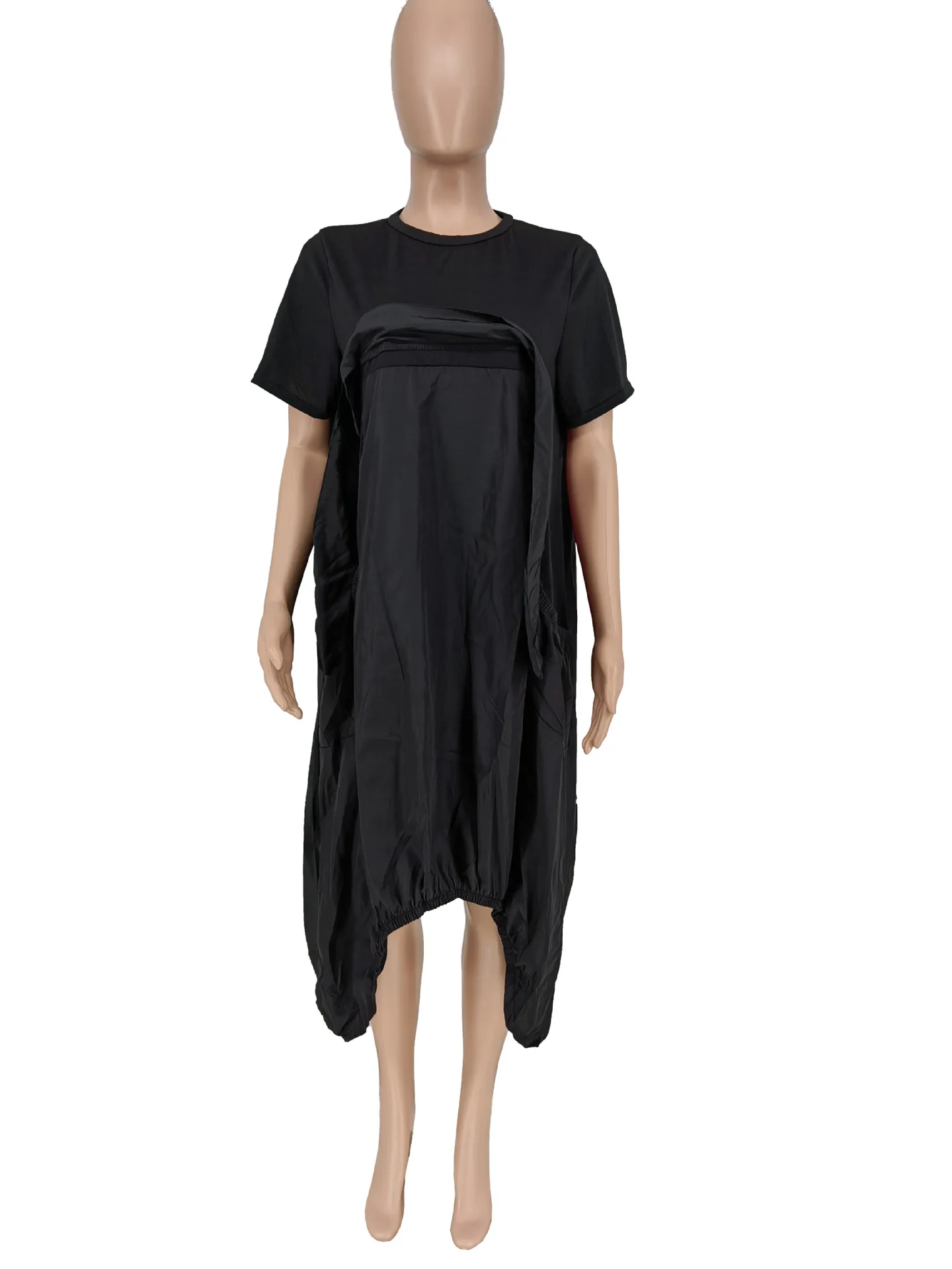 CM.YAYA Women Fashion Loose Pocket Front Patchwork O-neck Short Sleeve Irregular Black Dress Vestidos 2023 Summer