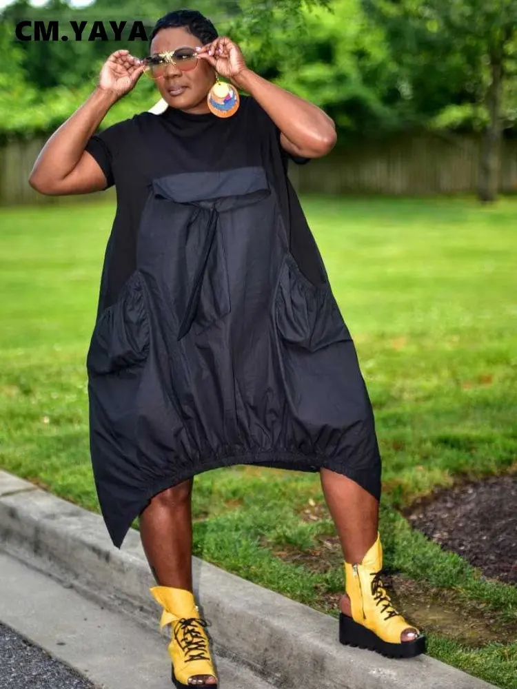 CM.YAYA Women Fashion Loose Pocket Front Patchwork O-neck Short Sleeve Irregular Black Dress Vestidos 2023 Summer