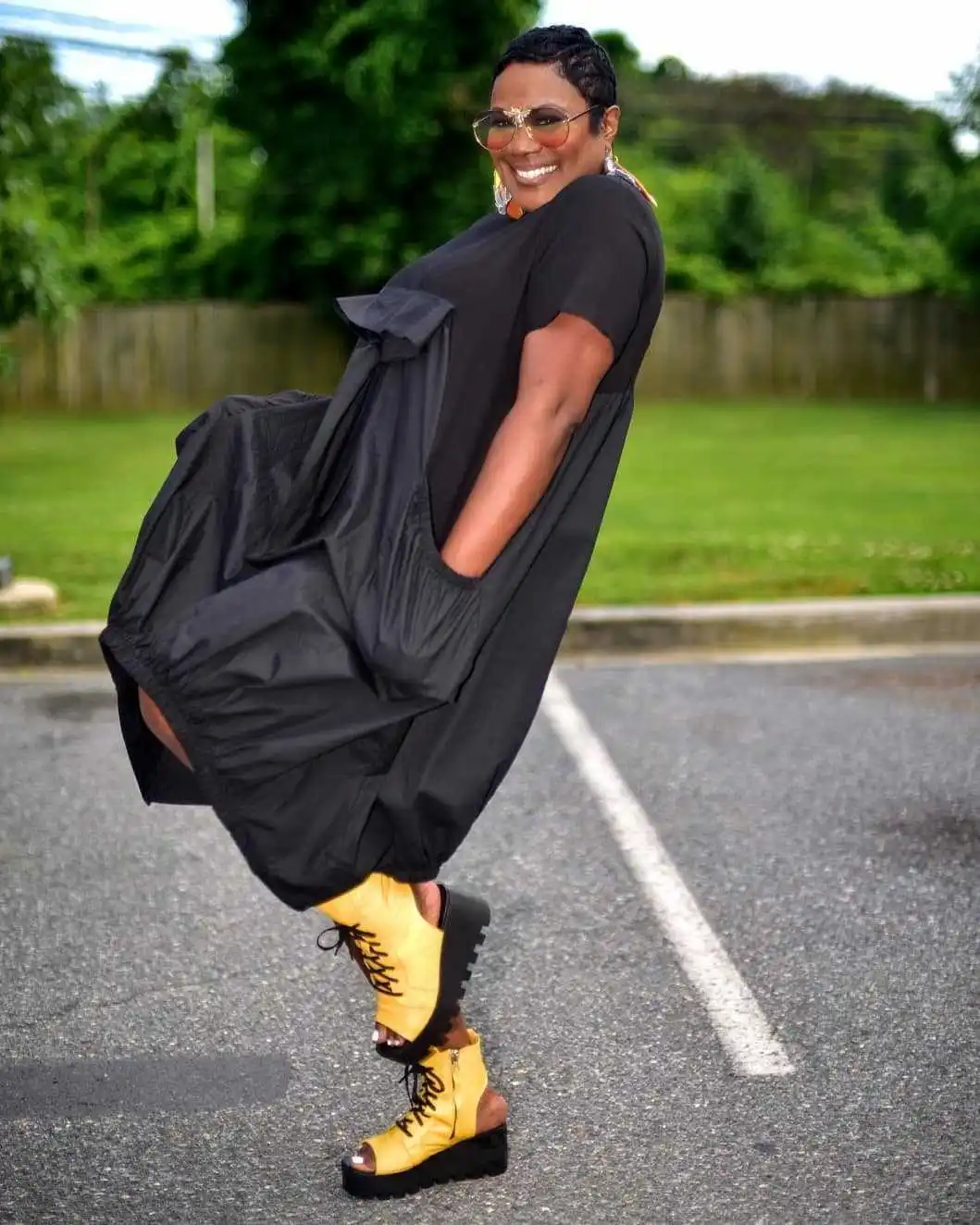 CM.YAYA Women Fashion Loose Pocket Front Patchwork O-neck Short Sleeve Irregular Black Dress Vestidos 2023 Summer