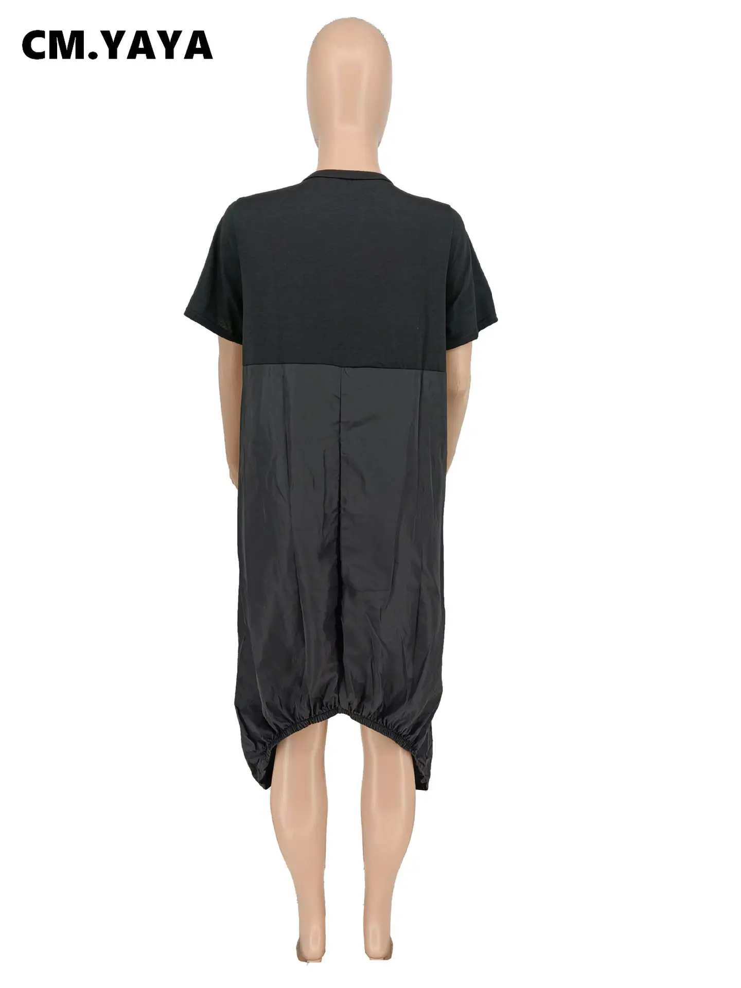 CM.YAYA Women Fashion Loose Pocket Front Patchwork O-neck Short Sleeve Irregular Black Dress Vestidos 2023 Summer