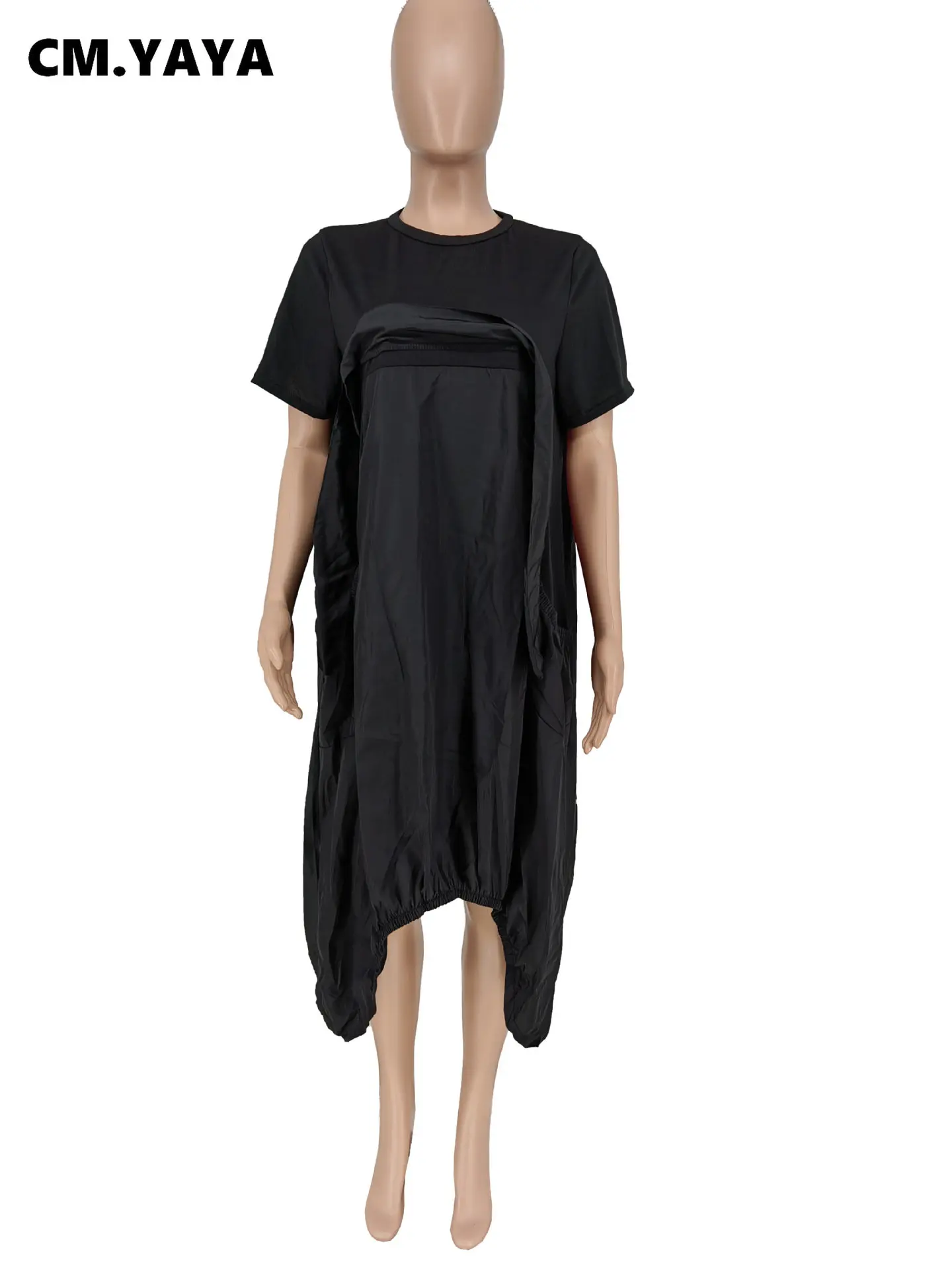 CM.YAYA Women Fashion Loose Pocket Front Patchwork O-neck Short Sleeve Irregular Black Dress Vestidos 2023 Summer