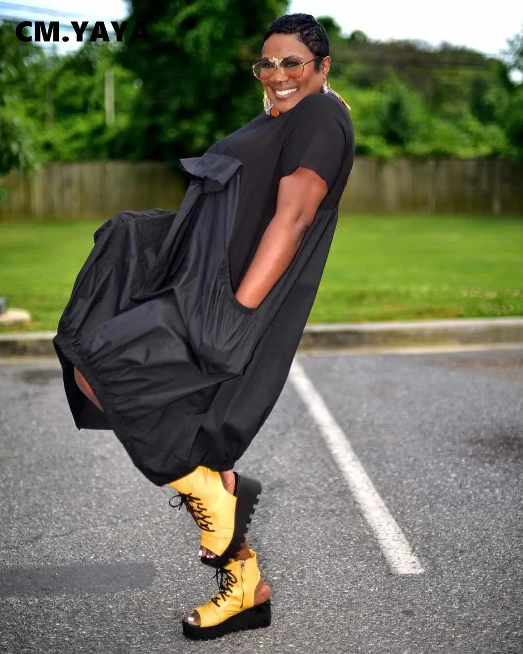 CM.YAYA Women Fashion Loose Pocket Front Patchwork O-neck Short Sleeve Irregular Black Dress Vestidos 2023 Summer