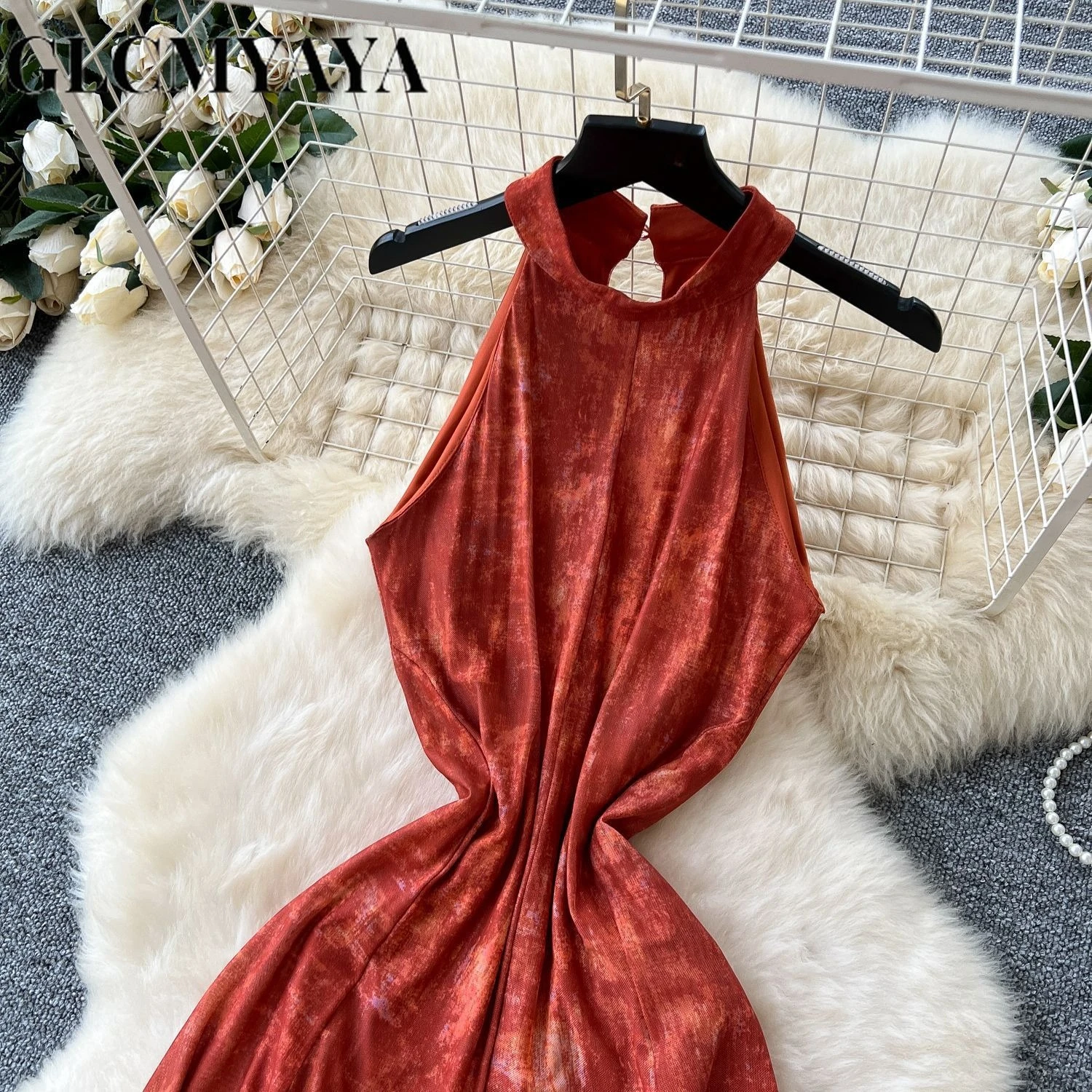 GLCMYAYA Women Tie Dye Halter Neck Sleeveless A-line Midi Maxi Long Dress 2025 Fall Vacation Party Birthday Dresses Vestidos