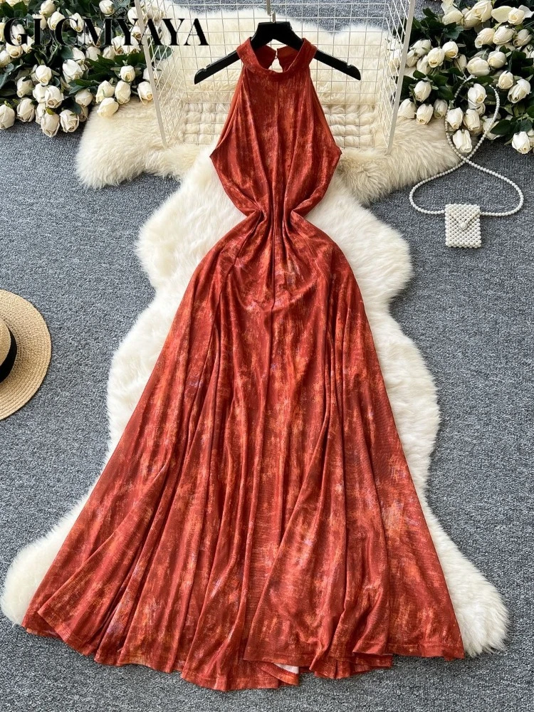 GLCMYAYA Women Tie Dye Halter Neck Sleeveless A-line Midi Maxi Long Dress 2025 Fall Vacation Party Birthday Dresses Vestidos