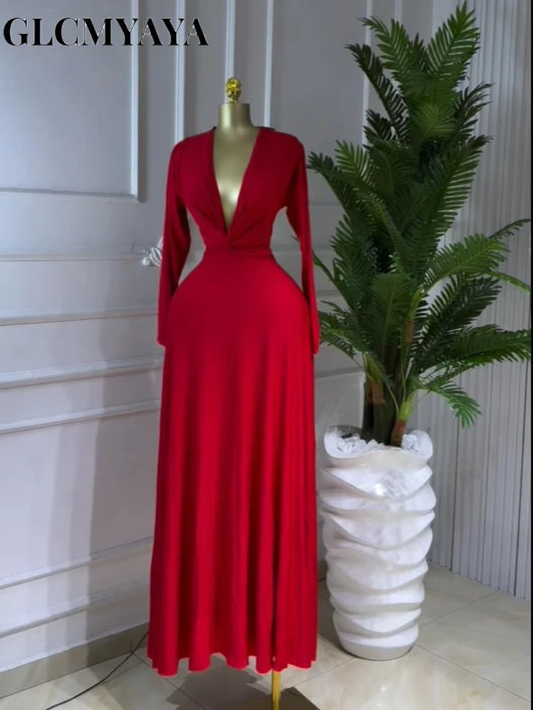 CM.YAYA Women Draped Deep V-neck Fit and Flare Long Maxi Dress 2025 Winter Evening Prom Party Education Vacation Dresses Vestido