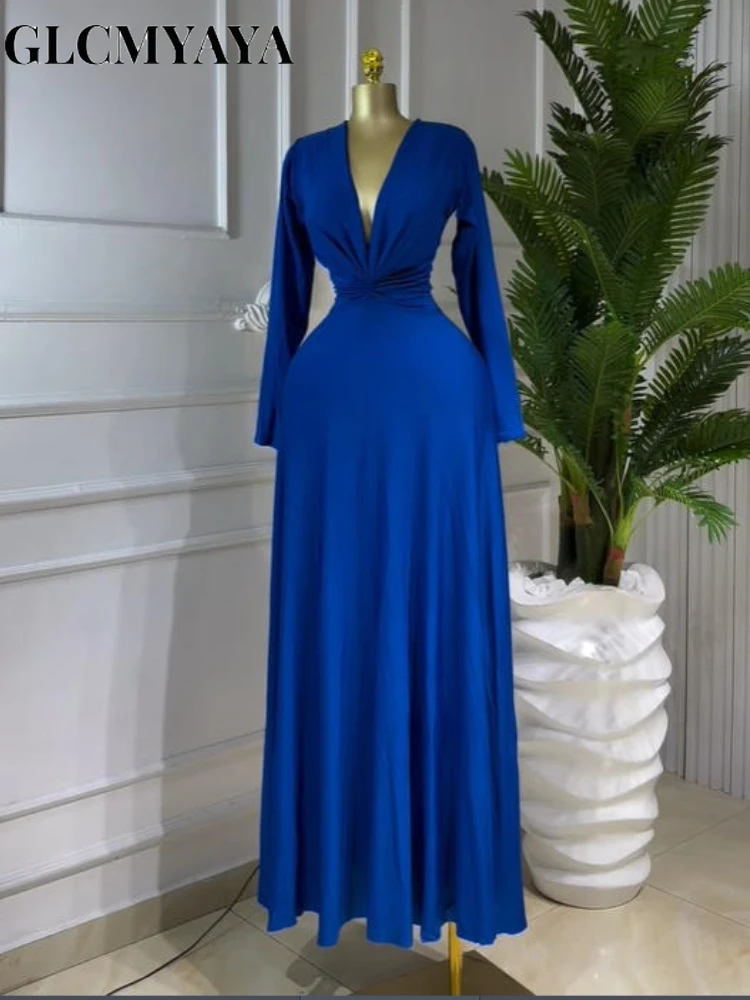 CM.YAYA Women Draped Deep V-neck Fit and Flare Long Maxi Dress 2025 Winter Evening Prom Party Education Vacation Dresses Vestido