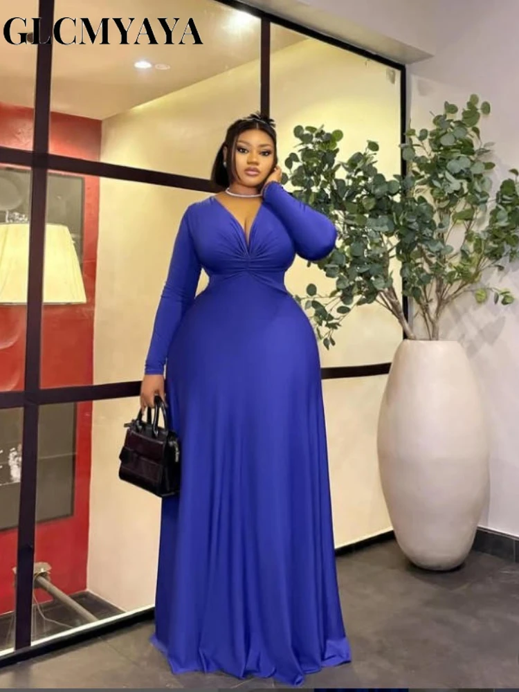 CM.YAYA Women Draped Deep V-neck Fit and Flare Long Maxi Dress 2025 Winter Evening Prom Party Education Vacation Dresses Vestido