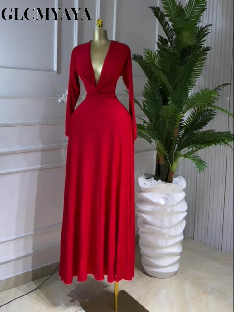 CM.YAYA Women Draped Deep V-neck Fit and Flare Long Maxi Dress 2025 Winter Evening Prom Party Education Vacation Dresses Vestido CM.YAYA Women Draped Deep V-neck Fit and Flare Long Maxi Dress 2025 Winter Evening Prom Party Education Vacation Dresses Vestido