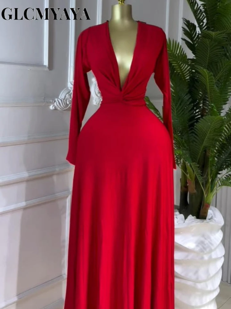 CM.YAYA Women Draped Deep V-neck Fit and Flare Long Maxi Dress 2025 Winter Evening Prom Party Education Vacation Dresses Vestido CM.YAYA Women Draped Deep V-neck Fit and Flare Long Maxi Dress 2025 Winter Evening Prom Party Education Vacation Dresses Vestido