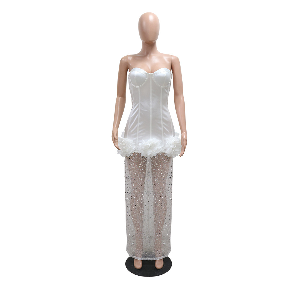 CM.YAYA INS Women Strapless Mesh Stain High Waist 3D Flower Sleeveless Dress 2024 Birthday Maxi Long Party Evening Split Dresses