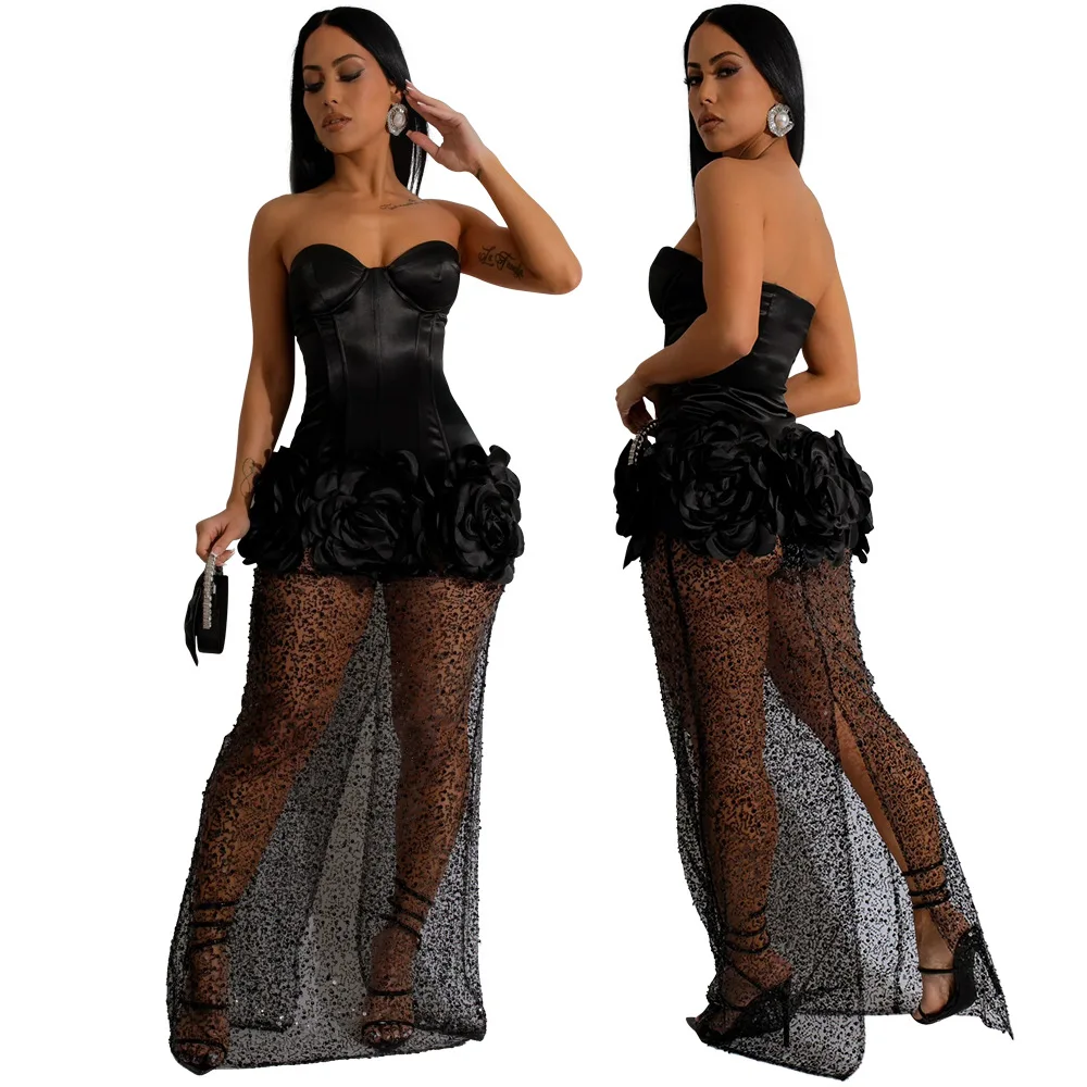 CM.YAYA INS Women Strapless Mesh Stain High Waist 3D Flower Sleeveless Dress 2024 Birthday Maxi Long Party Evening Split Dresses