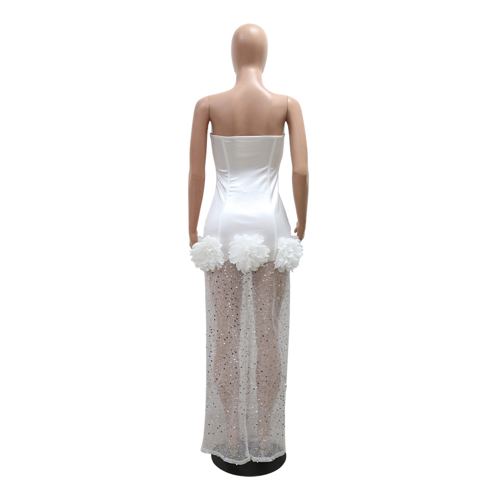 CM.YAYA INS Women Strapless Mesh Stain High Waist 3D Flower Sleeveless Dress 2024 Birthday Maxi Long Party Evening Split Dresses