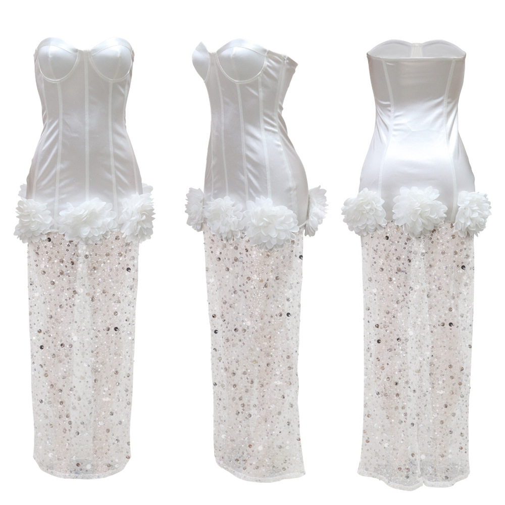 CM.YAYA INS Women Strapless Mesh Stain High Waist 3D Flower Sleeveless Dress 2024 Birthday Maxi Long Party Evening Split Dresses