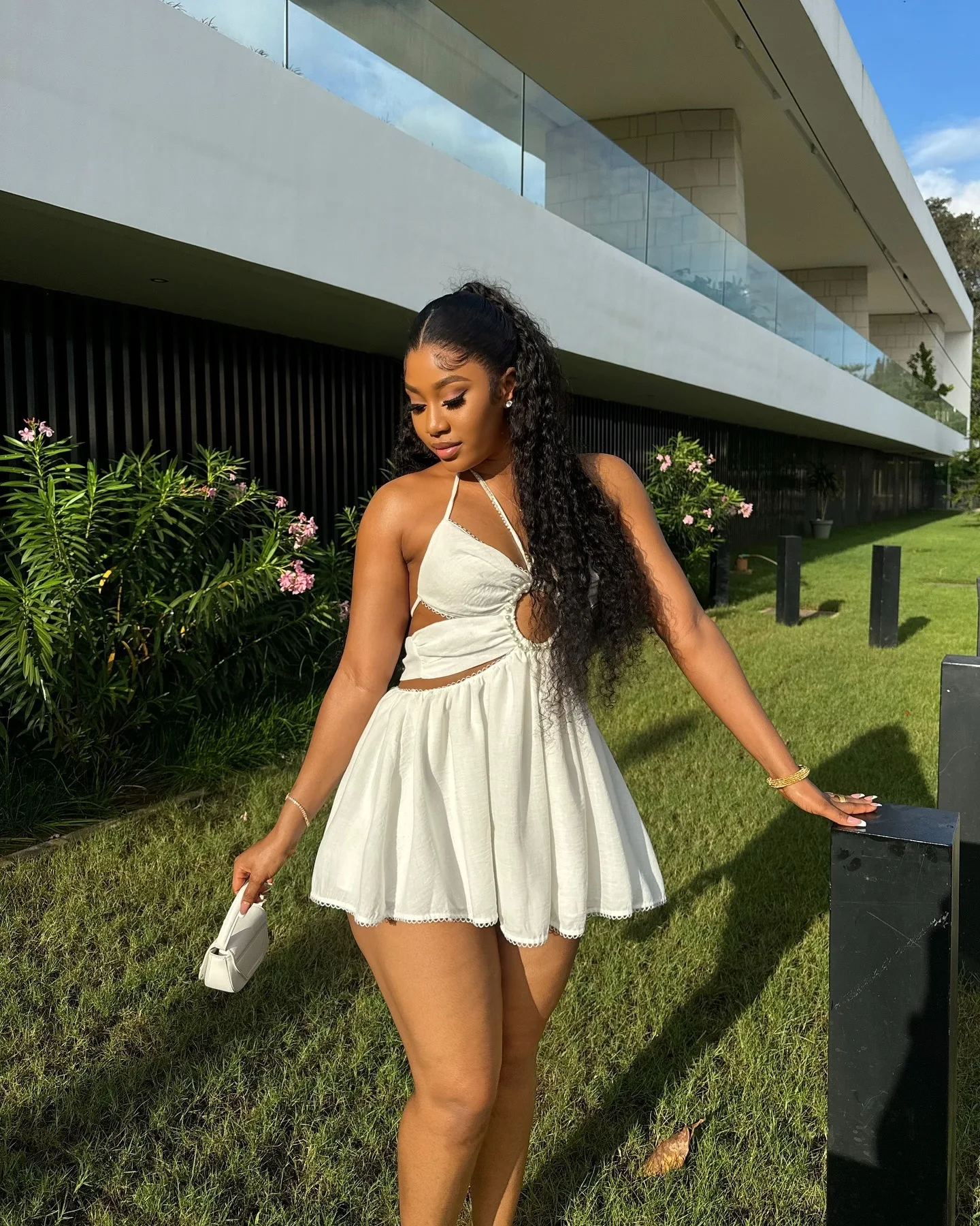 CM.YAYA 2024 Women Halter Strap Sleeveless Mini A-Line Dress Sexy Beading Backless Streetwear Evening Night Club Party Dresses