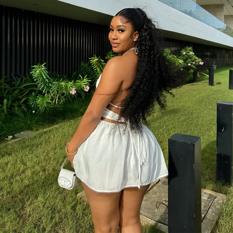 CM.YAYA 2024 Women Halter Strap Sleeveless Mini A-Line Dress Sexy Beading Backless Streetwear Evening Night Club Party Dresses