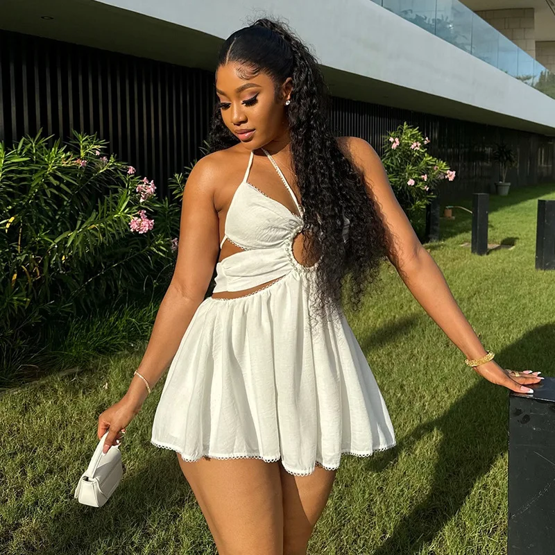 CM.YAYA 2024 Women Halter Strap Sleeveless Mini A-Line Dress Sexy Beading Backless Streetwear Evening Night Club Party Dresses