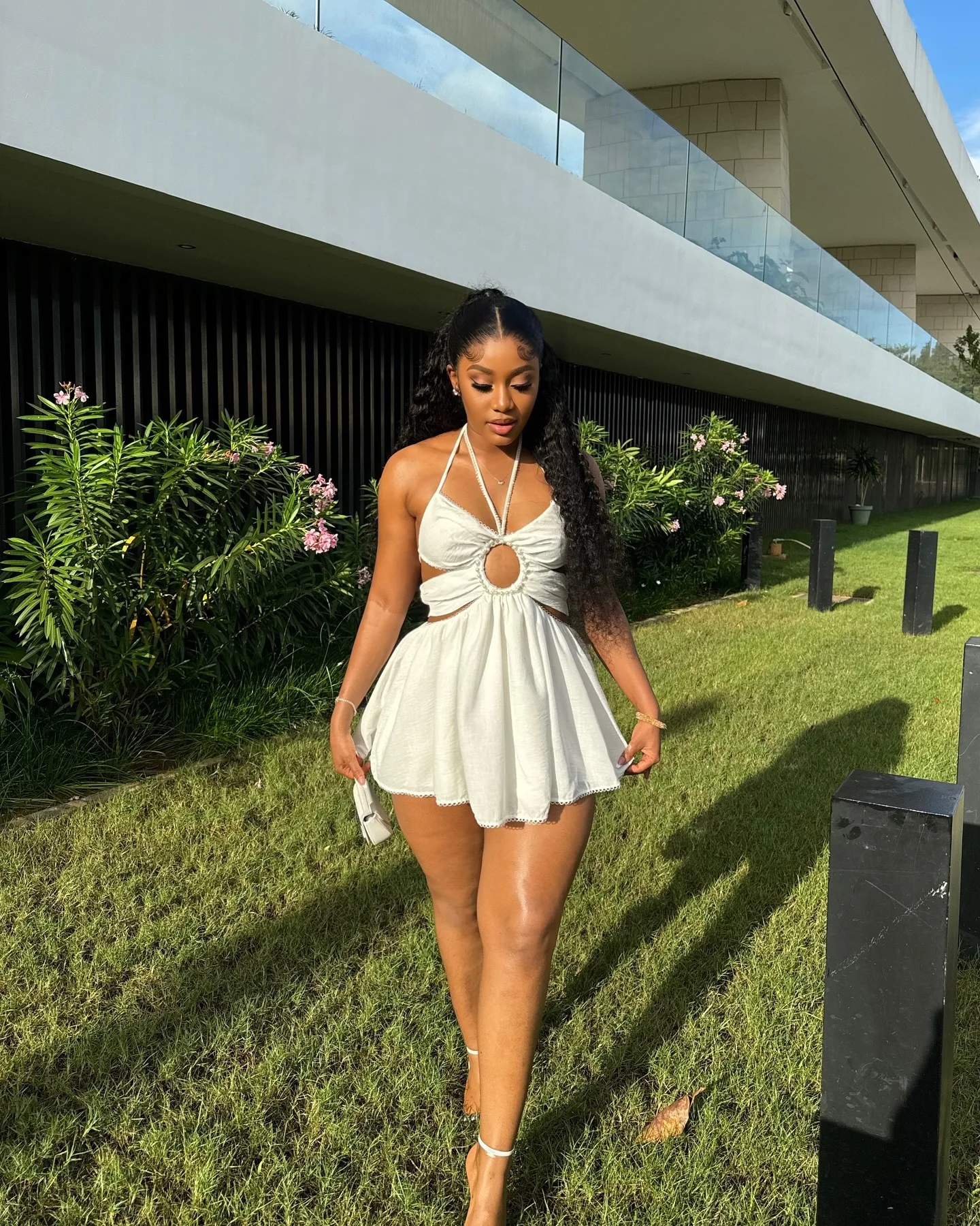 CM.YAYA 2024 Women Halter Strap Sleeveless Mini A-Line Dress Sexy Beading Backless Streetwear Evening Night Club Party Dresses