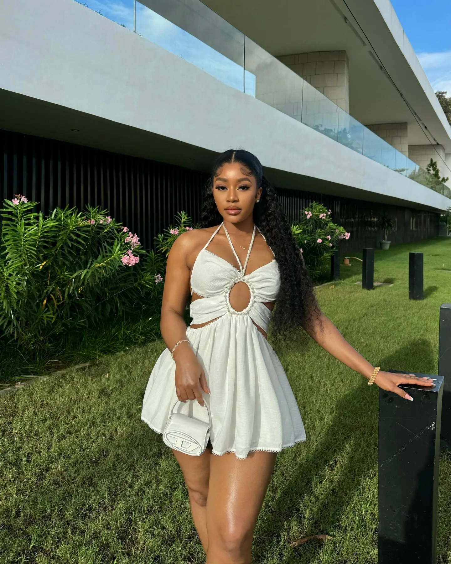 CM.YAYA 2024 Women Halter Strap Sleeveless Mini A-Line Dress Sexy Beading Backless Streetwear Evening Night Club Party Dresses