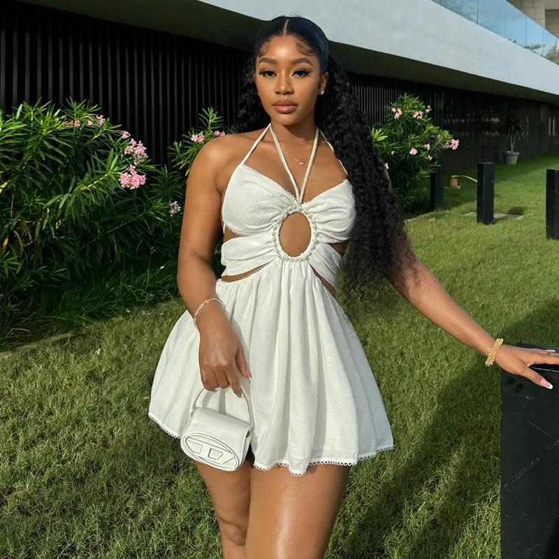 CM.YAYA 2024 Women Halter Strap Sleeveless Mini A-Line Dress Sexy Beading Backless Streetwear Evening Night Club Party Dresses