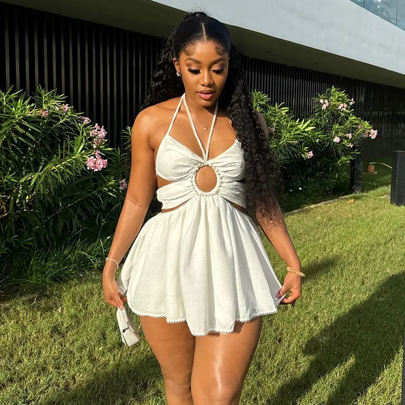 CM.YAYA 2024 Women Halter Strap Sleeveless Mini A-Line Dress Sexy Beading Backless Streetwear Evening Night Club Party Dresses