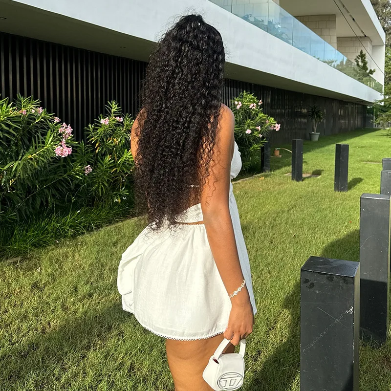 CM.YAYA 2024 Women Halter Strap Sleeveless Mini A-Line Dress Sexy Beading Backless Streetwear Evening Night Club Party Dresses