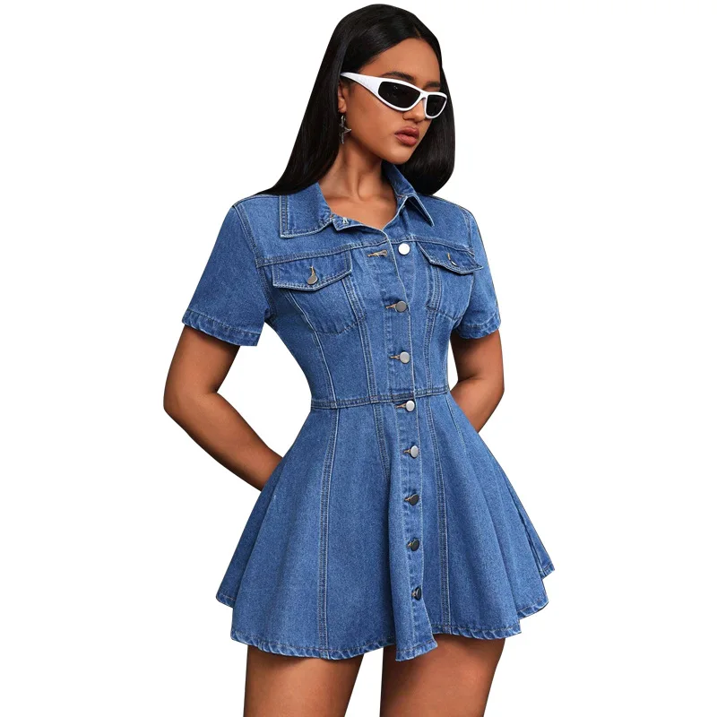 GLCMYAYA Fashion Vintage Women Street Denim Mini Dress 2025 Fall Short Sleeve Single-breasted Sexy Party A-Line Dresses Vestidos