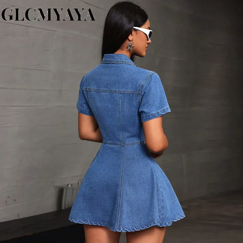 GLCMYAYA Fashion Vintage Women Street Denim Mini Dress 2025 Fall Short Sleeve Single-breasted Sexy Party A-Line Dresses Vestidos