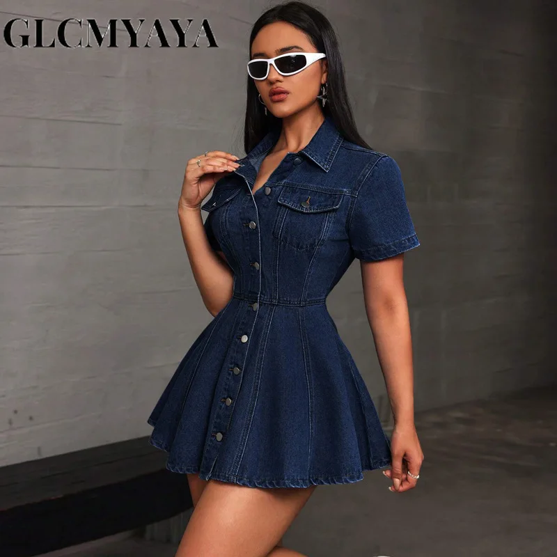 GLCMYAYA Fashion Vintage Women Street Denim Mini Dress 2025 Fall Short Sleeve Single-breasted Sexy Party A-Line Dresses Vestidos