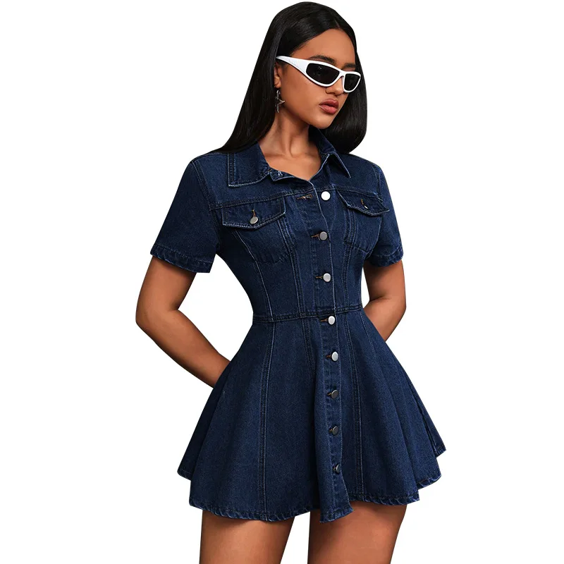 GLCMYAYA Fashion Vintage Women Street Denim Mini Dress 2025 Fall Short Sleeve Single-breasted Sexy Party A-Line Dresses Vestidos