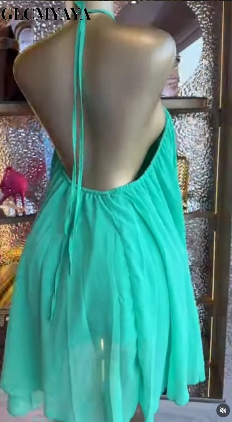 CM.YAYA Women Halter Neck Backless A-line Mini Chiffon Dress 2026 Beach Vacation Education Midi Parties Vacation Dresses Vestido