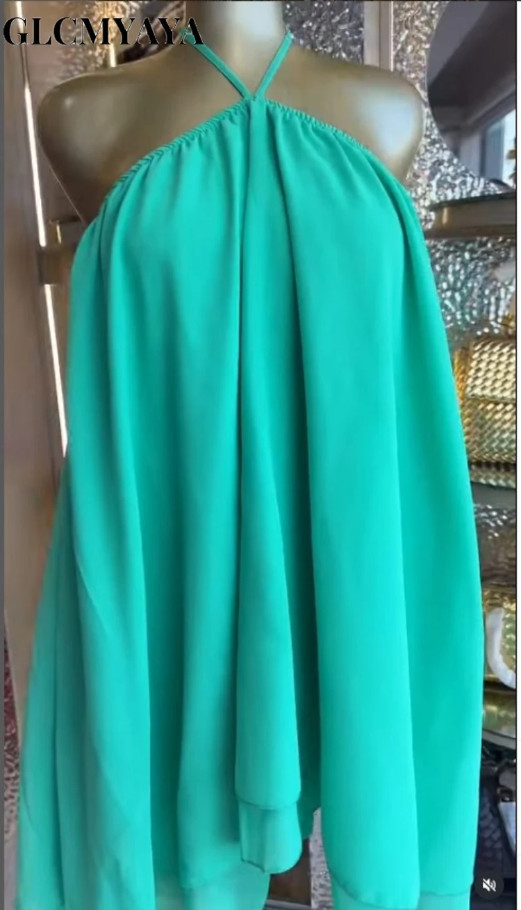 CM.YAYA Women Halter Neck Backless A-line Mini Chiffon Dress 2026 Beach Vacation Education Midi Parties Vacation Dresses Vestido