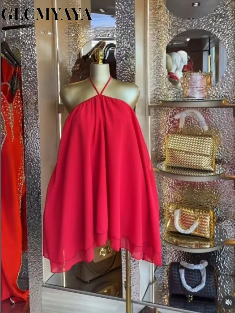 CM.YAYA Women Halter Neck Backless A-line Mini Chiffon Dress 2026 Beach Vacation Education Midi Parties Vacation Dresses Vestido