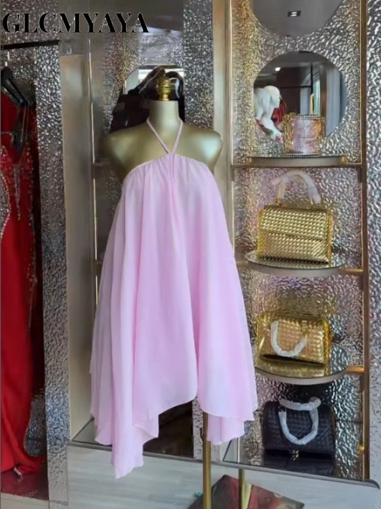 CM.YAYA Women Halter Neck Backless A-line Mini Chiffon Dress 2026 Beach Vacation Education Midi Parties Vacation Dresses Vestido