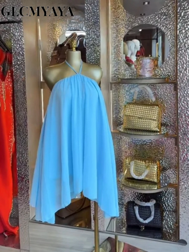 CM.YAYA Women Halter Neck Backless A-line Mini Chiffon Dress 2026 Beach Vacation Education Midi Parties Vacation Dresses Vestido