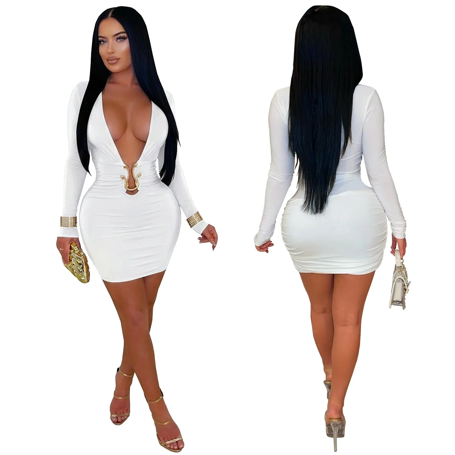 CM.YAYA Women V-Neck Long Sleeve Ruched Stacked Mini Dress 2026 Spring Beach Vacation Party Birthday Street Sexy Dresses