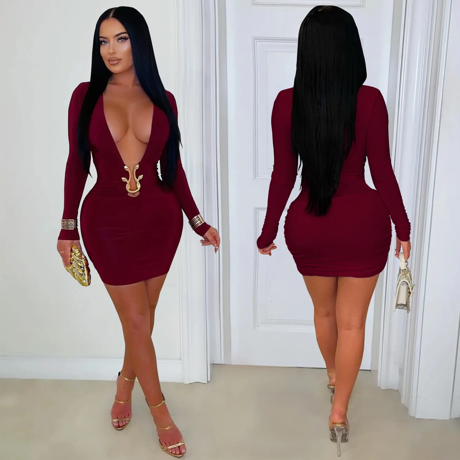 CM.YAYA Women V-Neck Long Sleeve Ruched Stacked Mini Dress 2026 Spring Beach Vacation Party Birthday Street Sexy Dresses