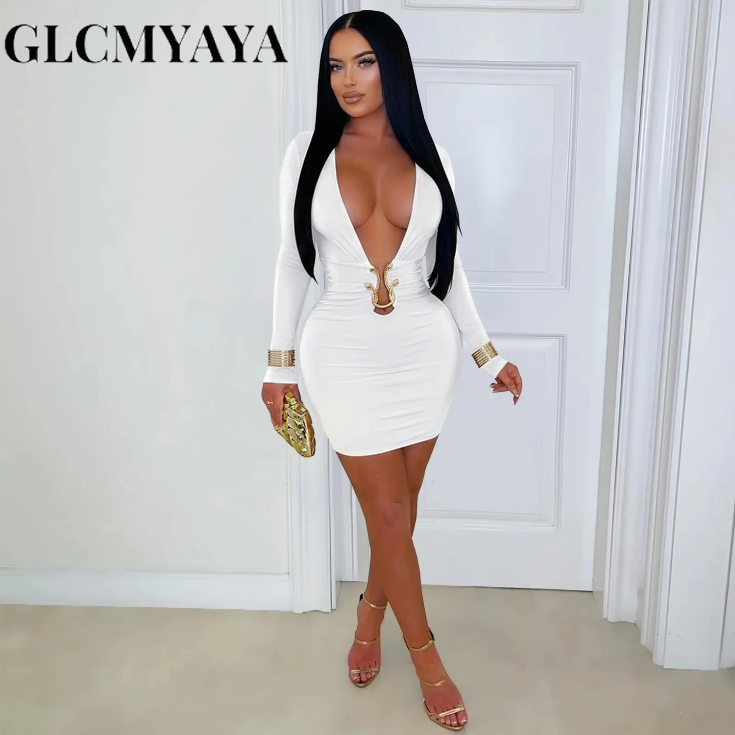 CM.YAYA Women V-Neck Long Sleeve Ruched Stacked Mini Dress 2026 Spring Beach Vacation Party Birthday Street Sexy Dresses CM.YAYA Women V-Neck Long Sleeve Ruched Stacked Mini Dress 2026 Spring Beach Vacation Party Birthday Street Sexy Dresses