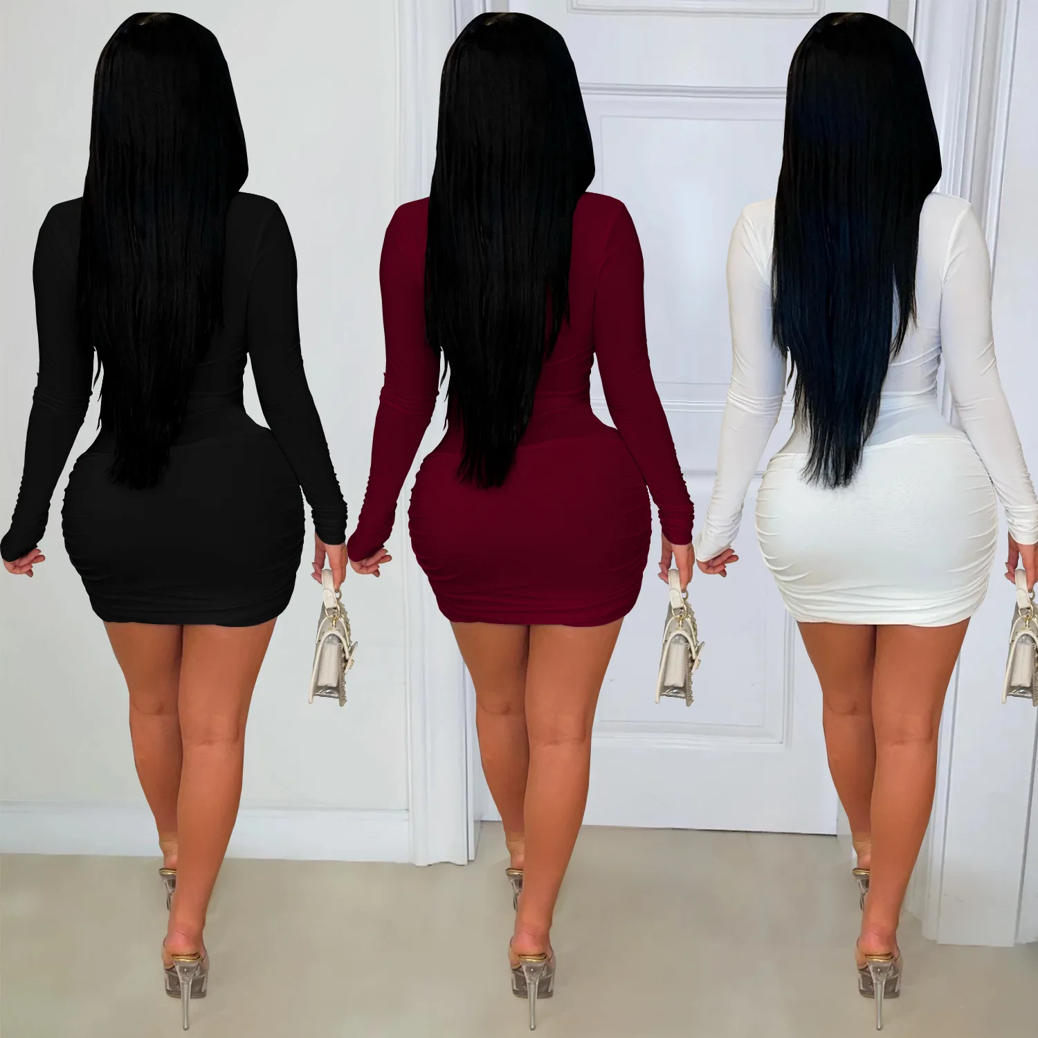 CM.YAYA Women V-Neck Long Sleeve Ruched Stacked Mini Dress 2026 Spring Beach Vacation Party Birthday Street Sexy Dresses CM.YAYA Women V-Neck Long Sleeve Ruched Stacked Mini Dress 2026 Spring Beach Vacation Party Birthday Street Sexy Dresses