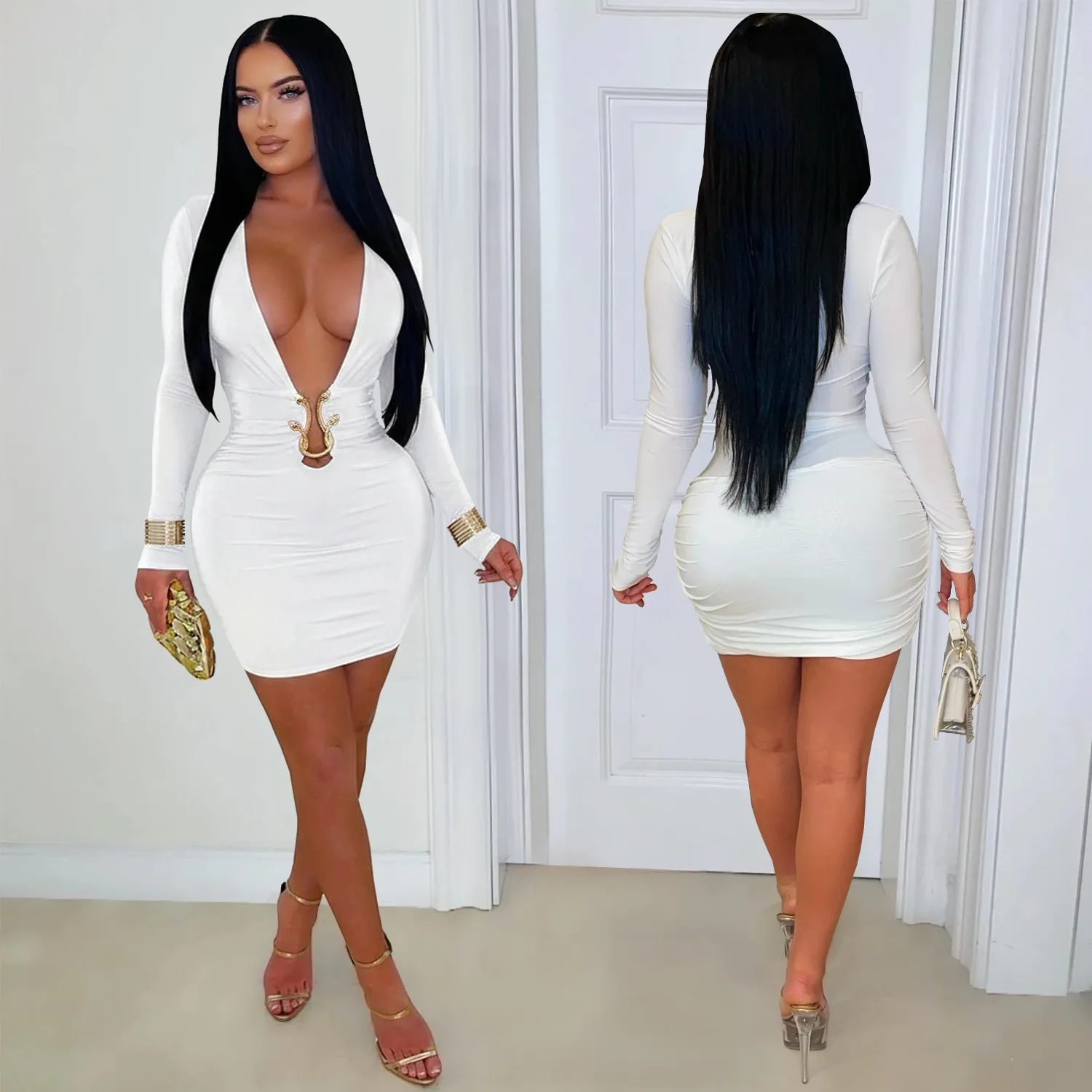 CM.YAYA Women V-Neck Long Sleeve Ruched Stacked Mini Dress 2026 Spring Beach Vacation Party Birthday Street Sexy Dresses