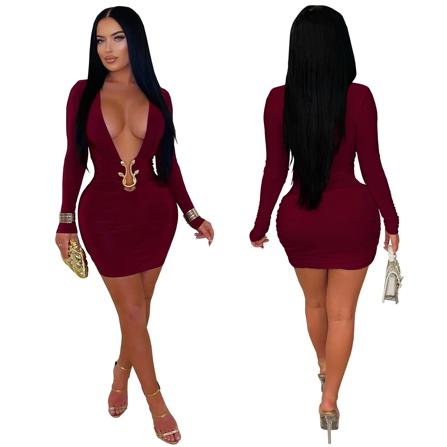 CM.YAYA Women V-Neck Long Sleeve Ruched Stacked Mini Dress 2026 Spring Beach Vacation Party Birthday Street Sexy Dresses