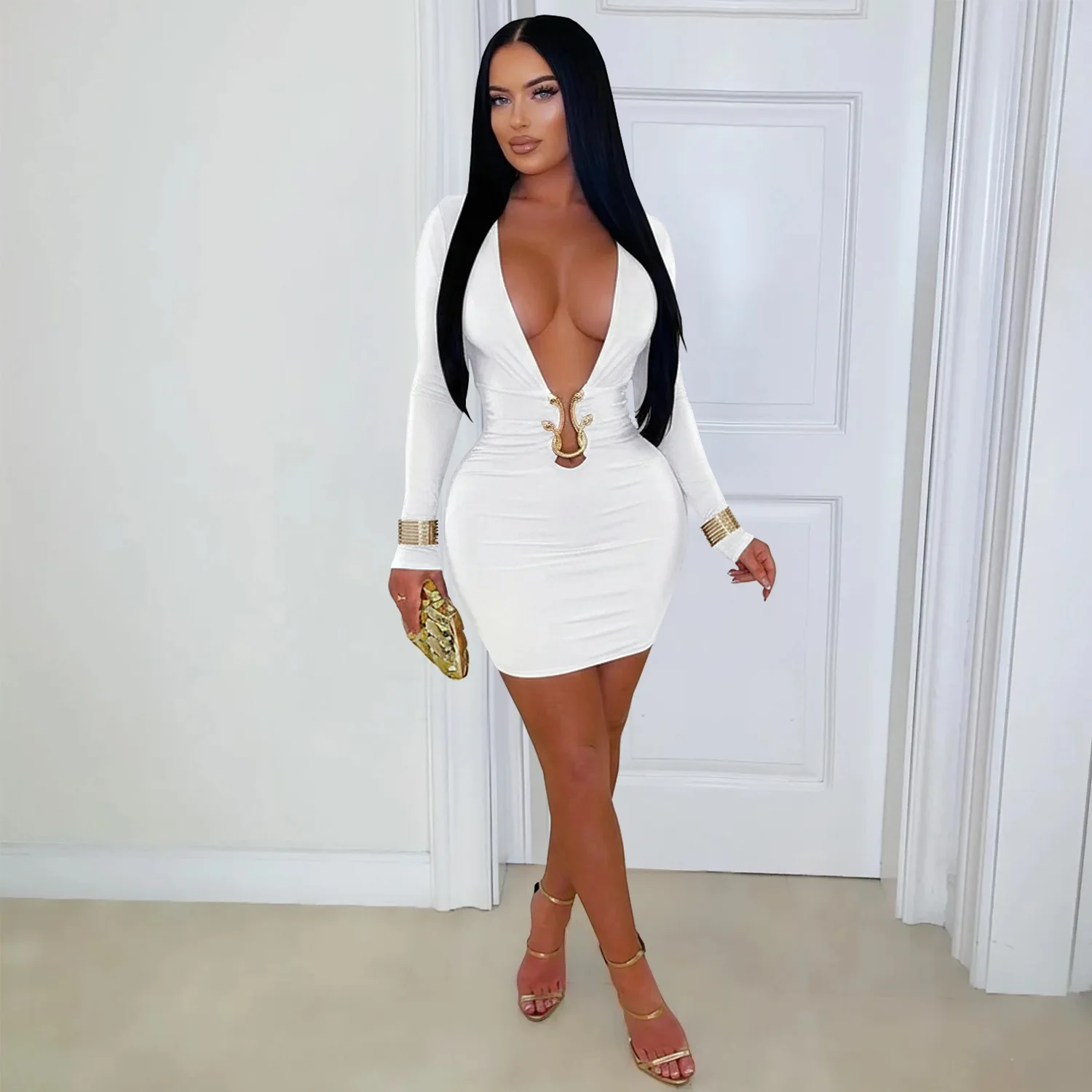 CM.YAYA Women V-Neck Long Sleeve Ruched Stacked Mini Dress 2026 Spring Beach Vacation Party Birthday Street Sexy Dresses