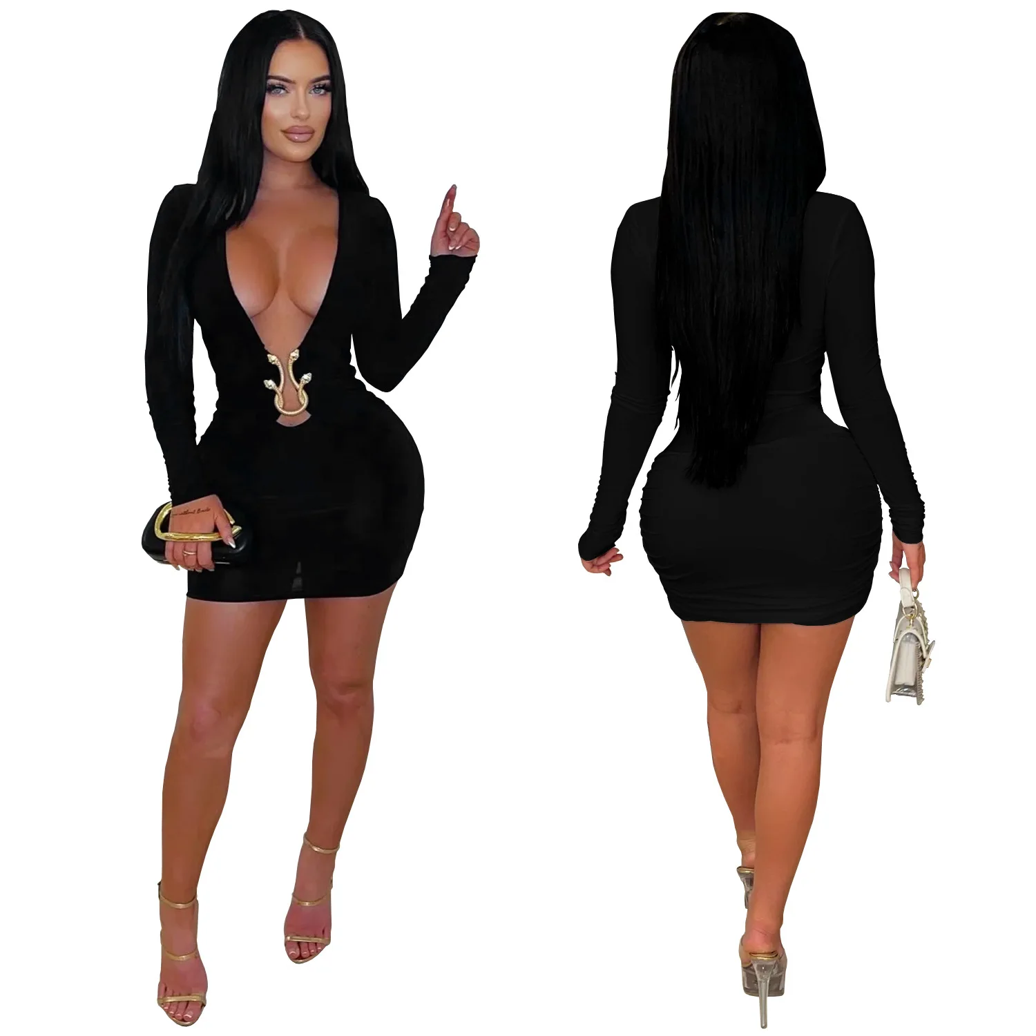CM.YAYA Women V-Neck Long Sleeve Ruched Stacked Mini Dress 2026 Spring Beach Vacation Party Birthday Street Sexy Dresses