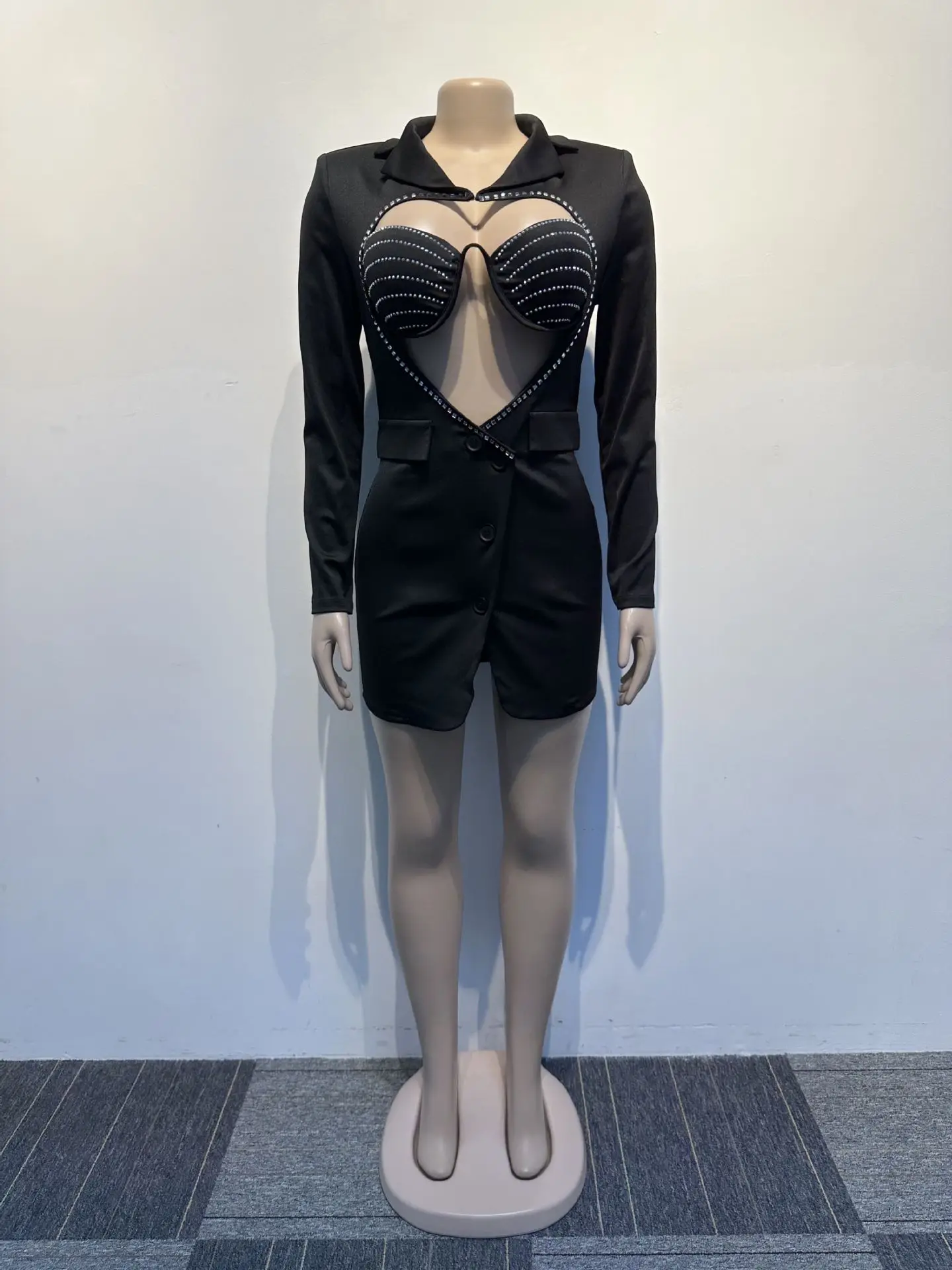 CM.YAYA Women Diamonds Hot Rhinestones Cutout Sweetheart Bodycon Midi Blazer Style Dress with Bra Top Sexy Party Even Dresses