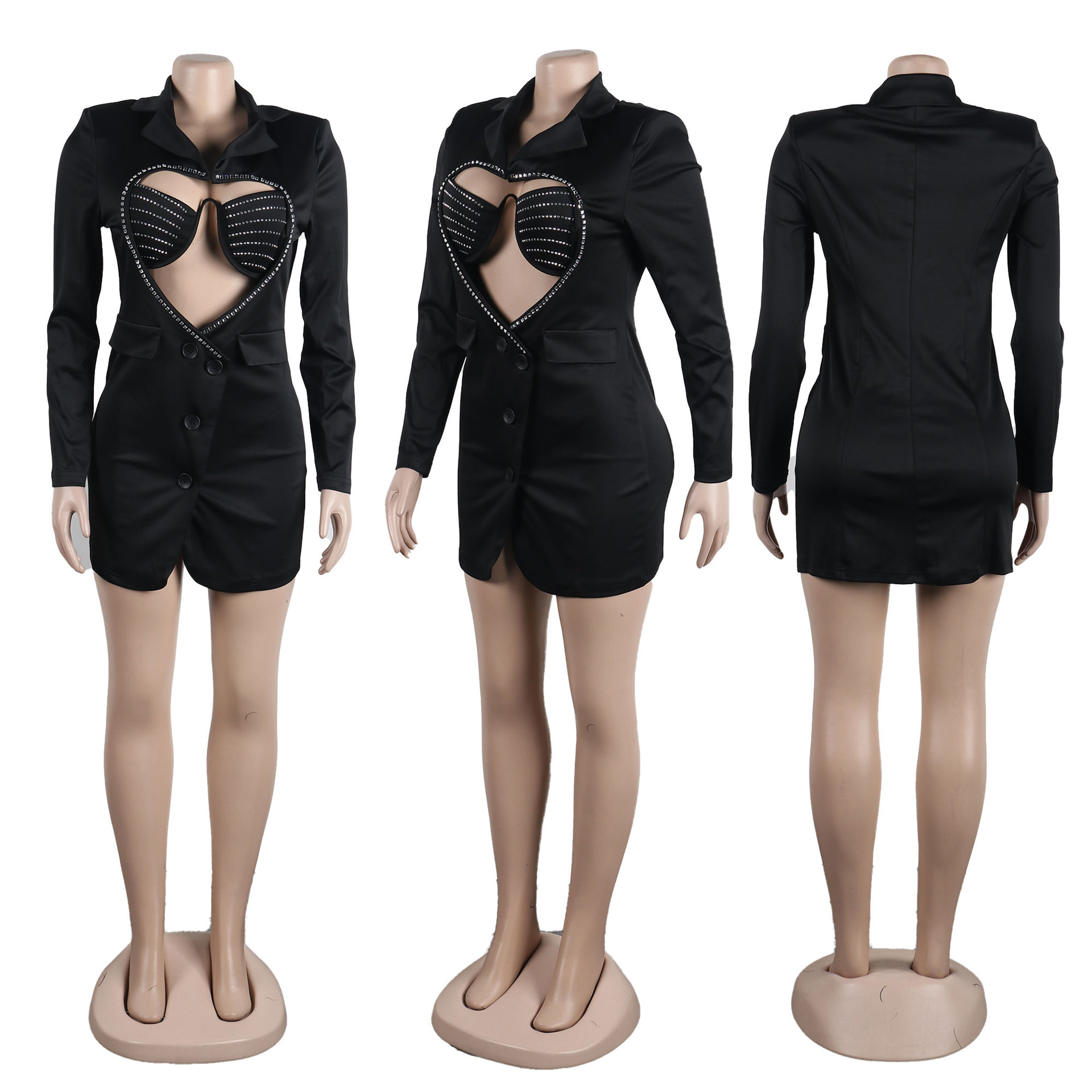 CM.YAYA Women Diamonds Hot Rhinestones Cutout Sweetheart Bodycon Midi Blazer Style Dress with Bra Top Sexy Party Even Dresses