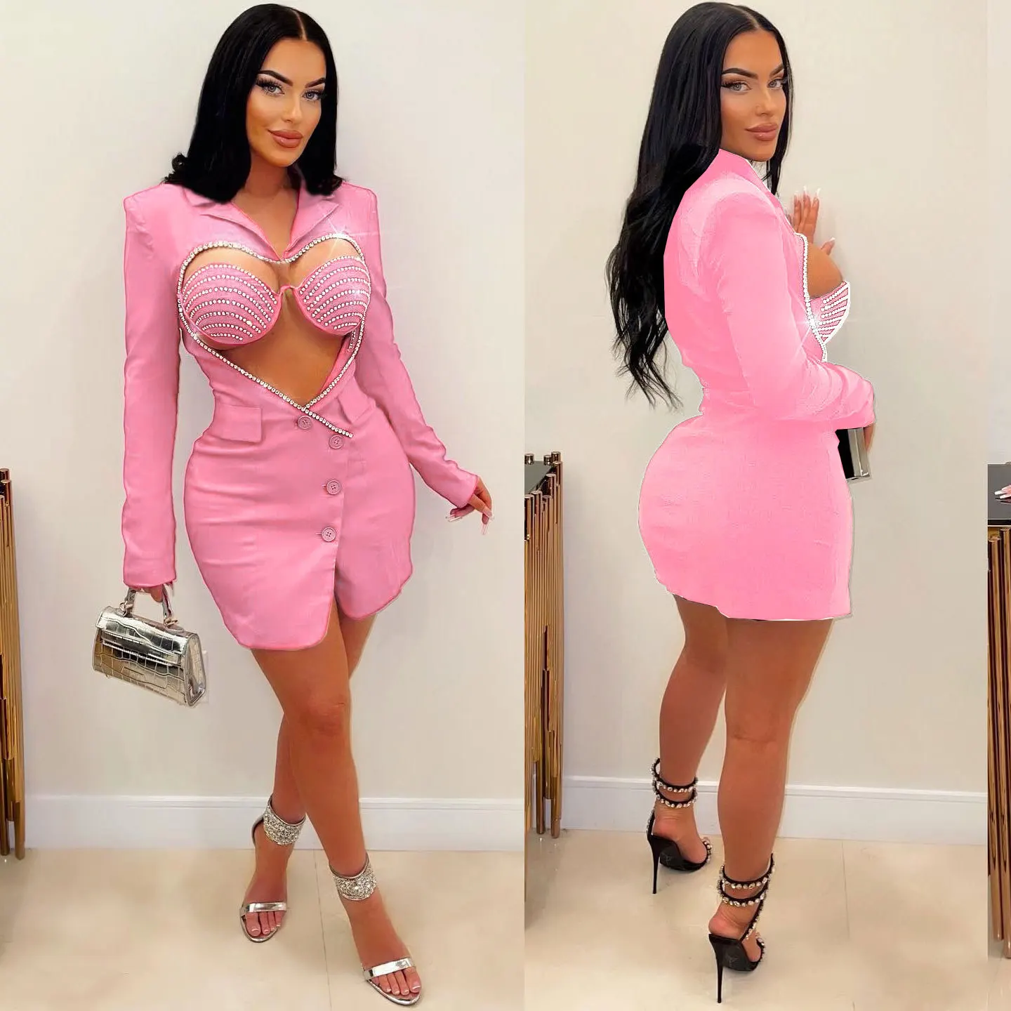 CM.YAYA Women Diamonds Hot Rhinestones Cutout Sweetheart Bodycon Midi Blazer Style Dress with Bra Top Sexy Party Even Dresses